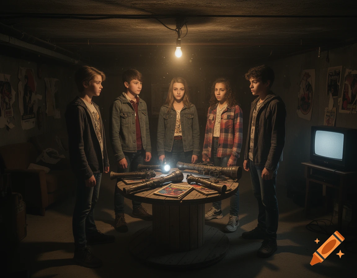 Five teenagers gather in a dimly lit basement around a wooden spool table covered with mysterious gadgets and improvised weapons, bathed in the glow of a single overhead bulb and a flashlight.