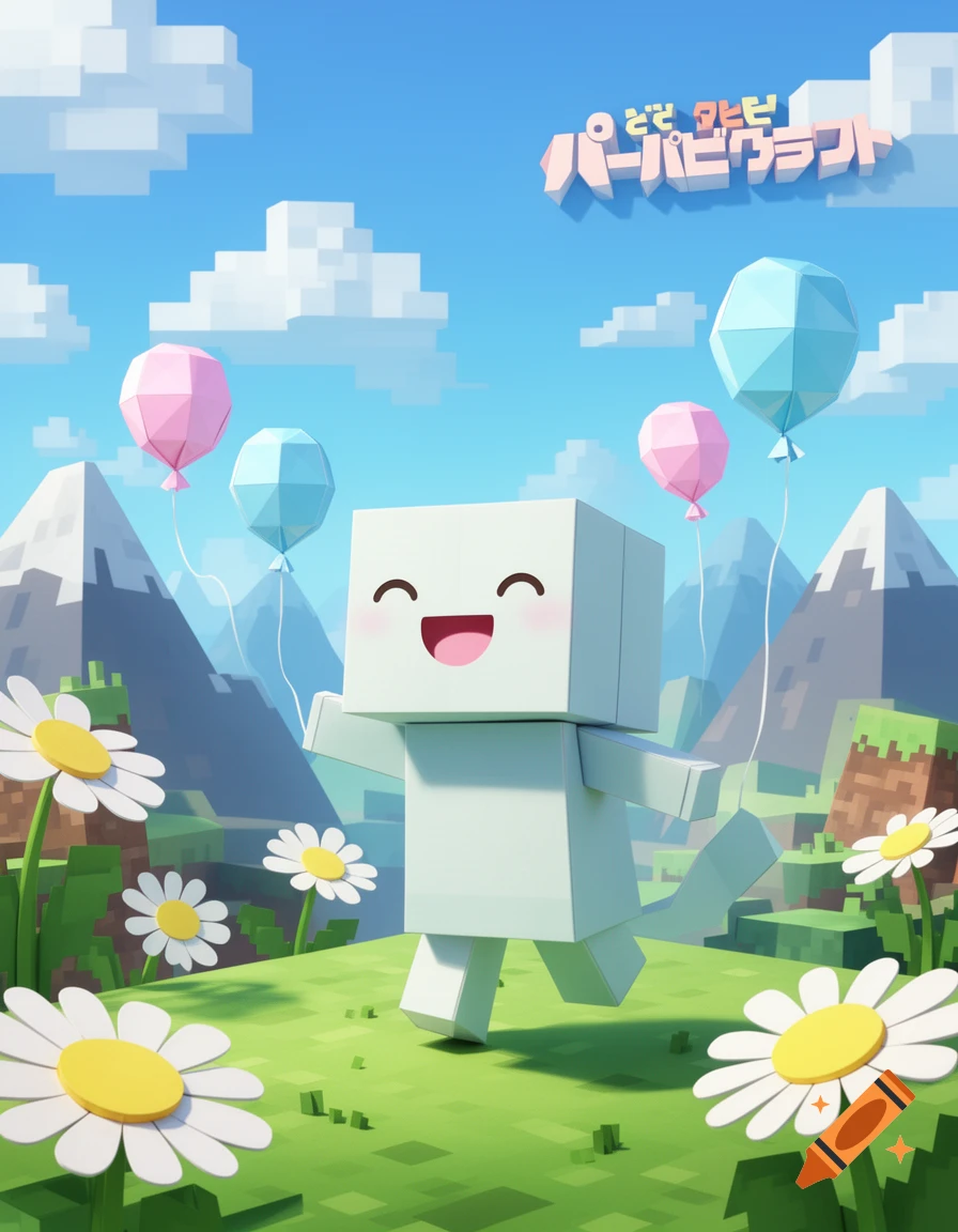 A happy, blocky white character runs through a pixelated landscape with daisies, mountains, and balloons. Minecraft-style.
