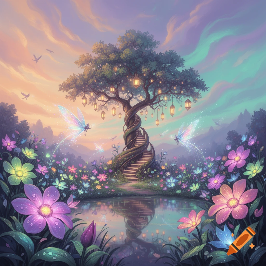 A magical tree with a spiral staircase and lanterns stands by a pond, surrounded by glowing flowers and flying fairies in a vibrant fantasy landscape.