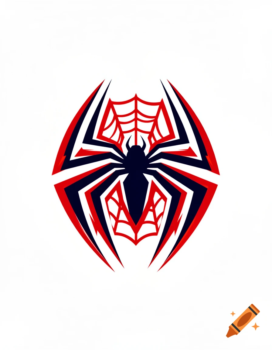 A stylized black, red, and blue spider logo on a white background, resembling the Spider-Man symbol.