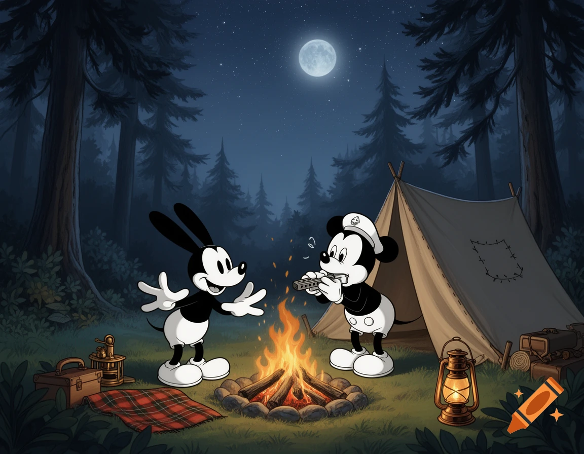 Oswald the Lucky Rabbit and Steamboat Willie Mickey Mouse camping in a forest at night, with Mickey playing a harmonica by a campfire.