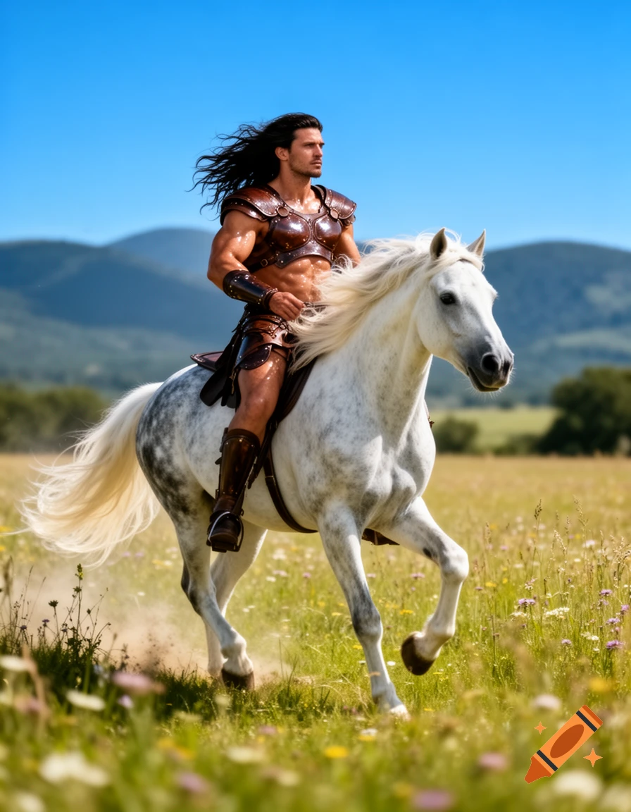 A muscular man with long dark hair, wearing leather armor, rides a white horse through a sunlit field with mountains in the background.