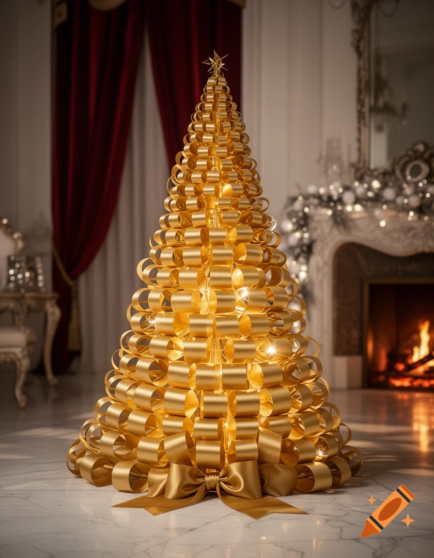 A dazzling Christmas tree crafted from golden looped ribbons, topped with a star, stands in a festive room with a burning fireplace.