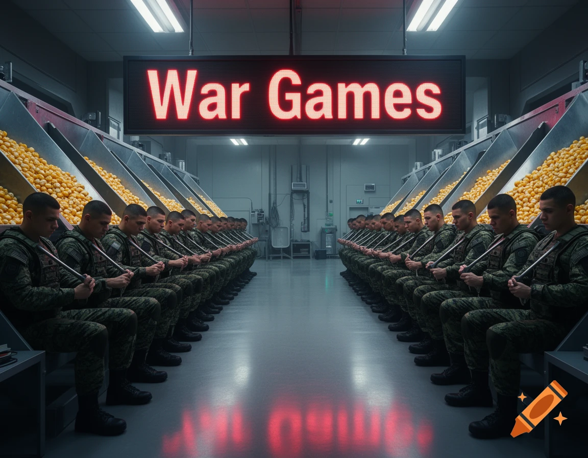 Photorealistic image of soldiers in camo in a lab, pulling levers beneath a red 'War Games' sign, with bins of yellow pellets along the walls.