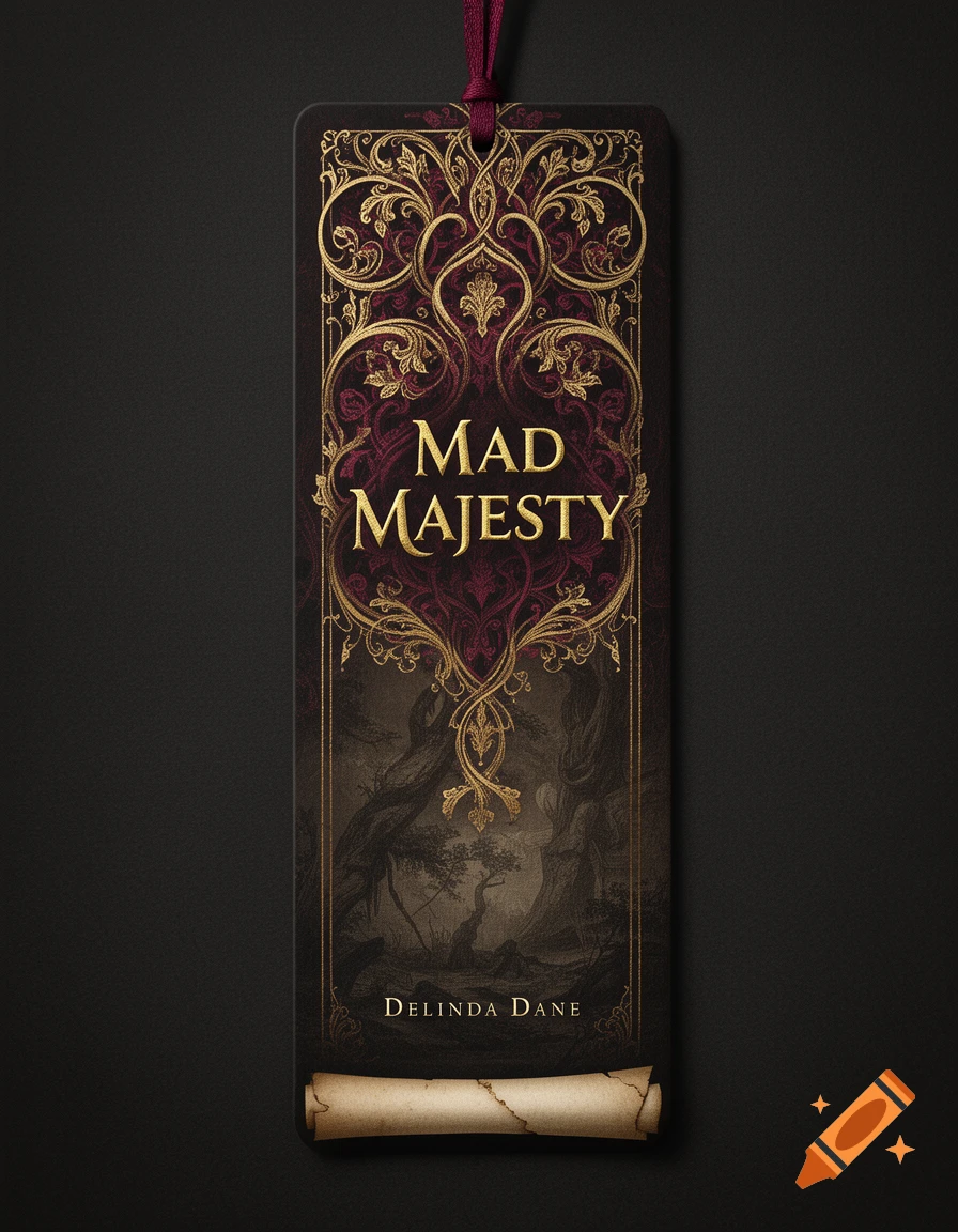 Ornate gothic bookmark with 'Mad Majesty' and 'Delinda Dane' in gold text, featuring a dark forest scene and a scroll at the bottom.