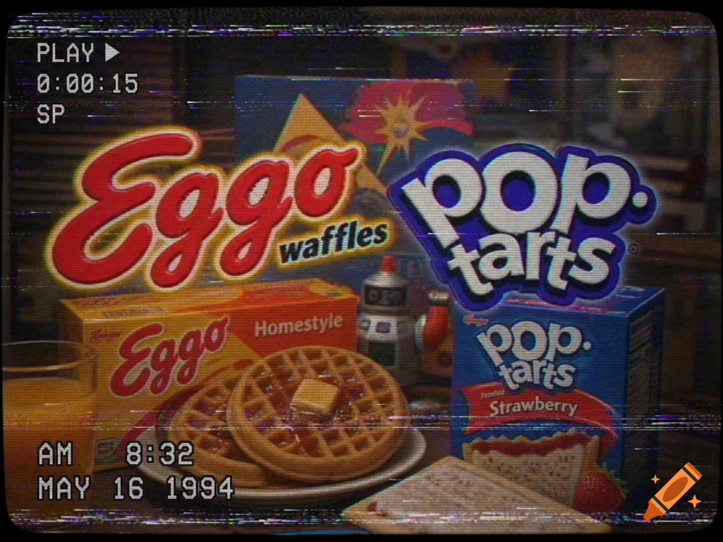 A retro image with VHS effects showing Eggo Waffles and Pop Tarts with a time stamp.