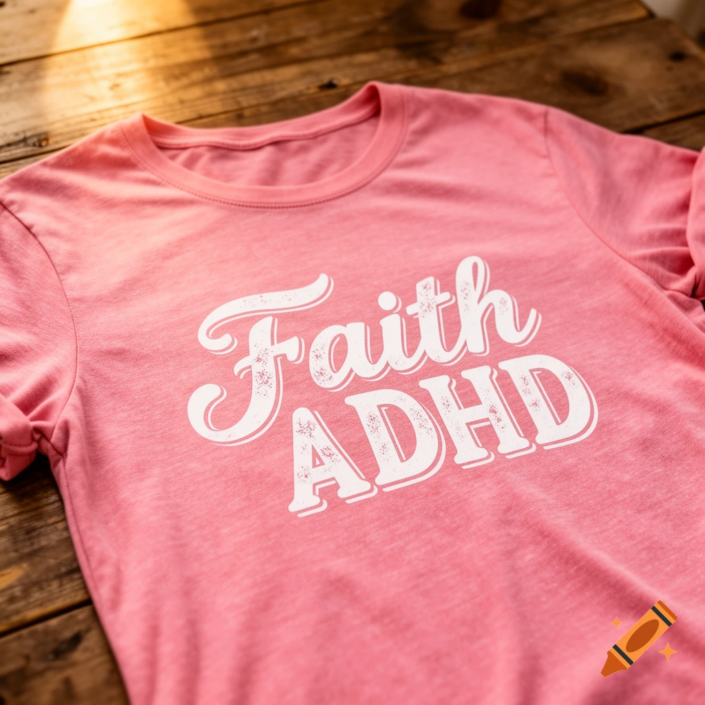 A close-up shot of a pink t-shirt with 'Faith ADHD' in white distressed text, lying on a wooden surface.
