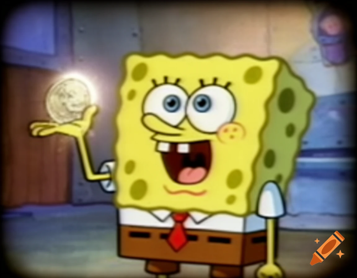 SpongeBob SquarePants enthusiastically holds a glowing coin in a low-quality cartoon photograph.