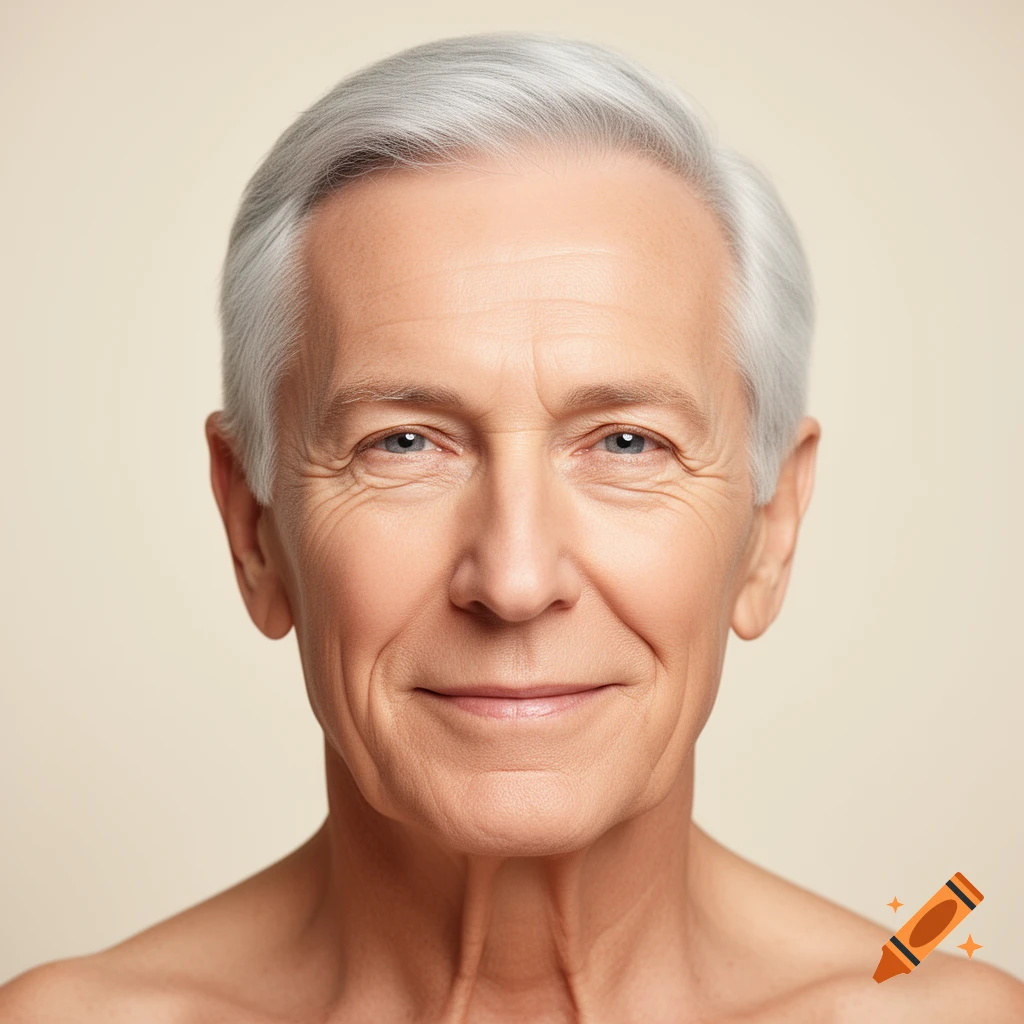 A photorealistic portrait of an older man with white hair, blue eyes, and a slight smile, on a plain background.