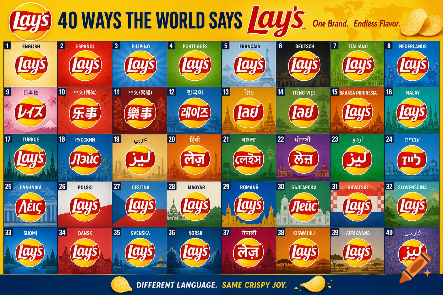 A colorful grid showcasing the Lay's potato chip logo written in 40 different languages, each with a famous landmark in its background. Two potato chips are at the bottom.