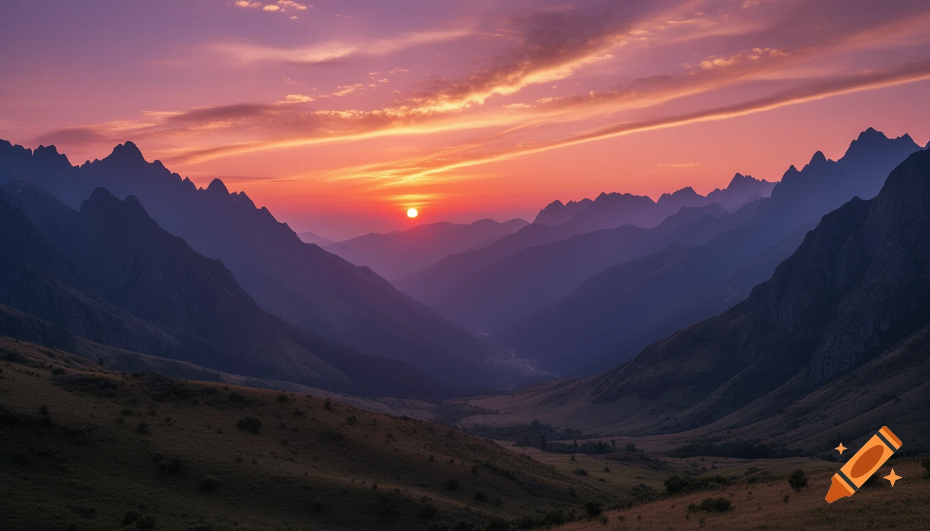 A vibrant sunset casts warm orange and purple hues over a valley surrounded by silhouetted mountains.