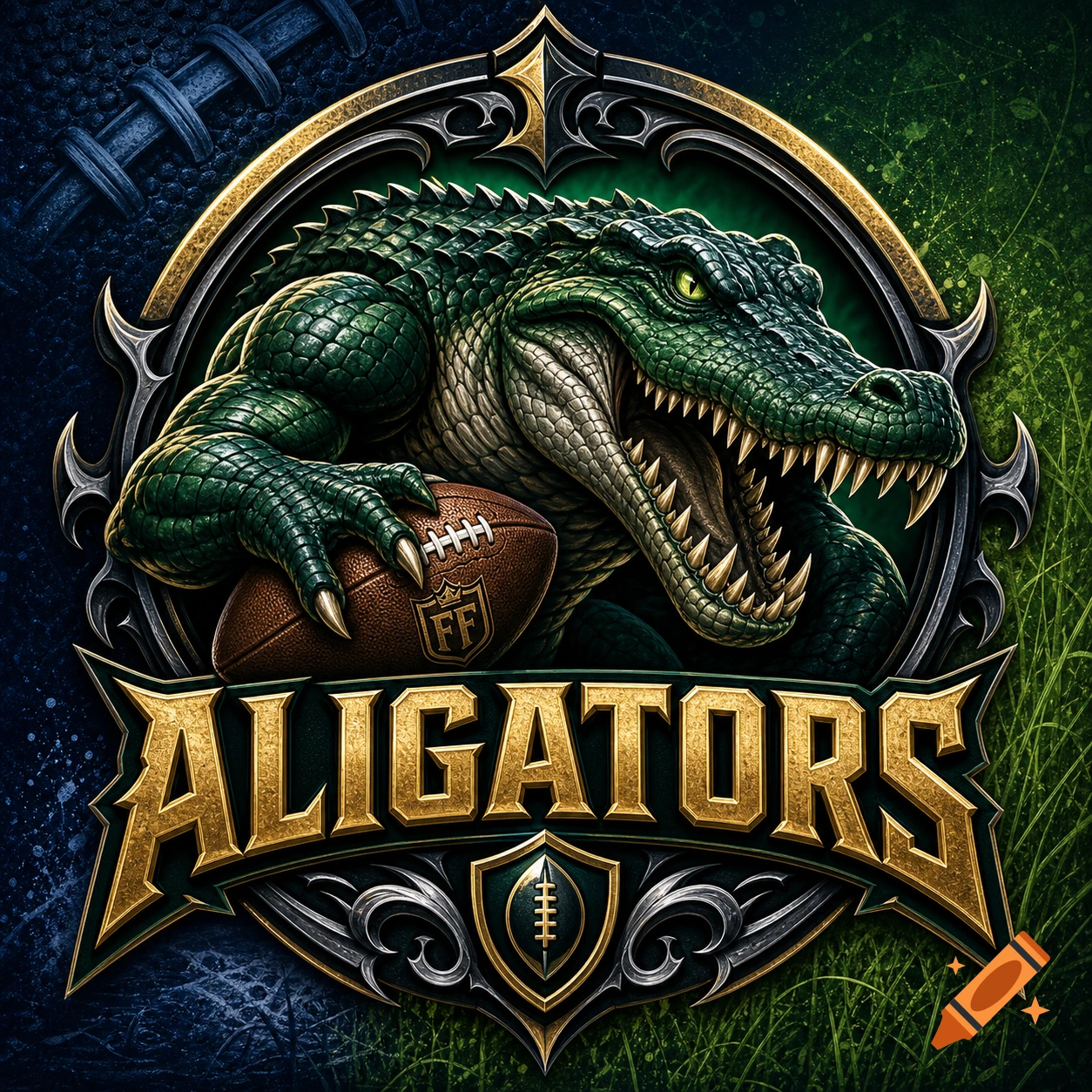 A fierce green alligator mascot with glowing eyes holds a football in an ornate, metallic, dark green and gold fantasy football logo.