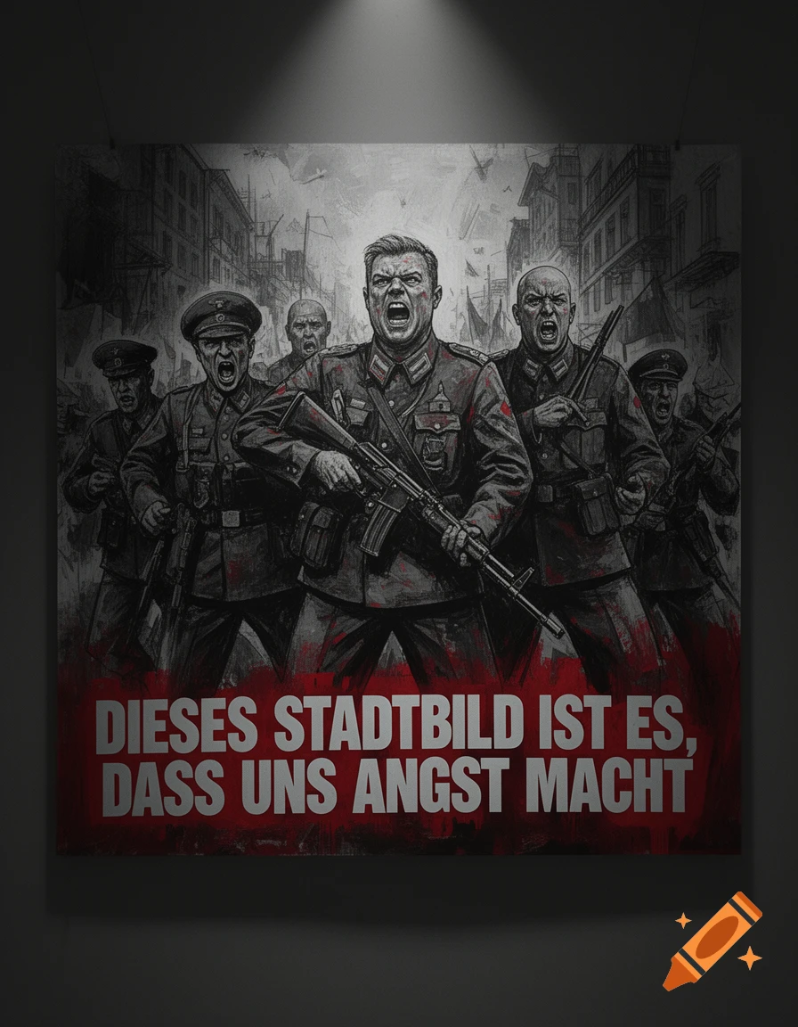 A stylized, grayscale illustration of aggressive soldiers in uniforms with red accents, holding rifles, in a distressed city backdrop. Bold German text reads 'DIESES STADTBILD IST ES, DASS UNS ANGST MACHT' at the bottom.