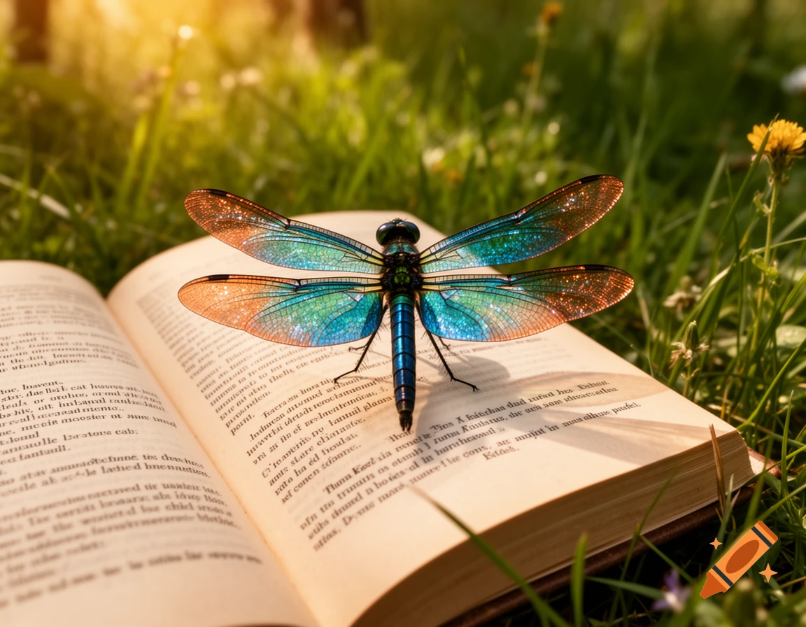 A beautiful, iridescent dragonfly with spread wings rests on an open book in sunlit grass.
