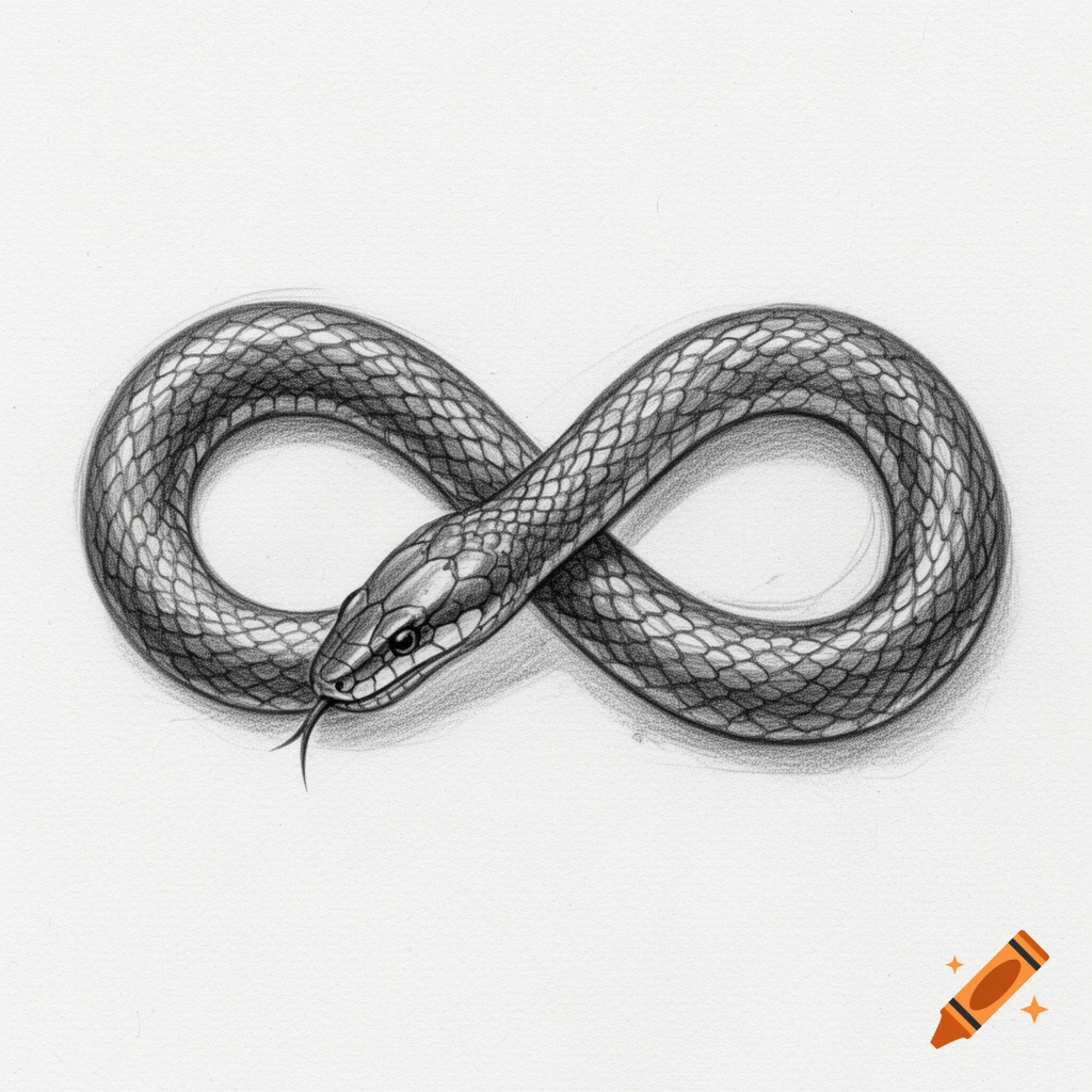 A detailed pencil sketch of a snake forming an infinity symbol.