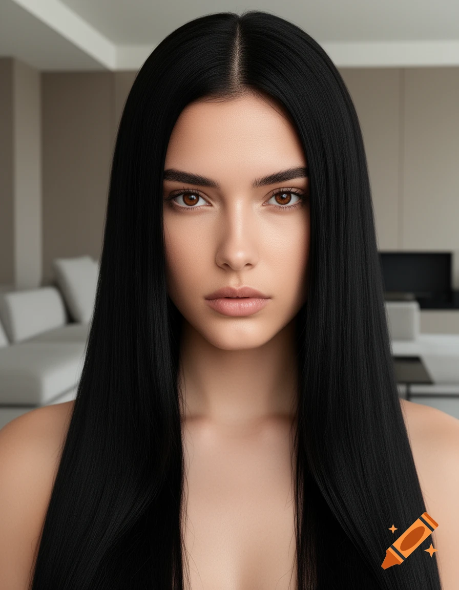 Close-up, photorealistic portrait of a young woman with long, straight black hair, brown eyes, and fair skin, looking seriously at the camera in a living room.