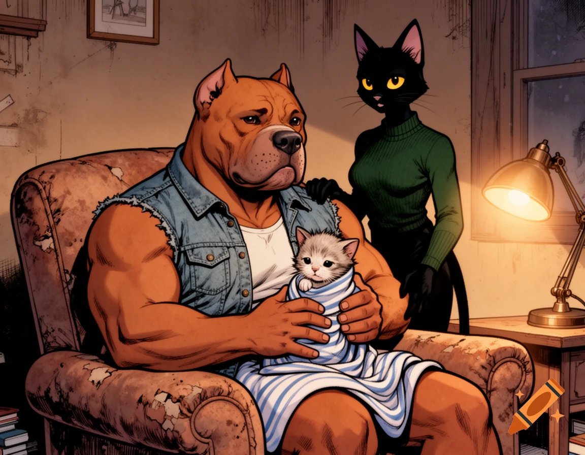 A muscular anthropomorphic pitbull man in a denim vest holds a kitten in an armchair, as a sleek black cat woman touches his shoulder. Comic book art.