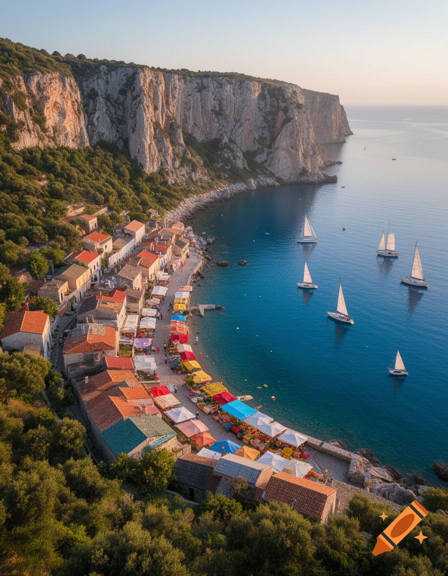 Aerial view of a vibrant coastal village with colorful market stalls along the shore, backed by tall cliffs, with sailboats on the calm blue sea.
