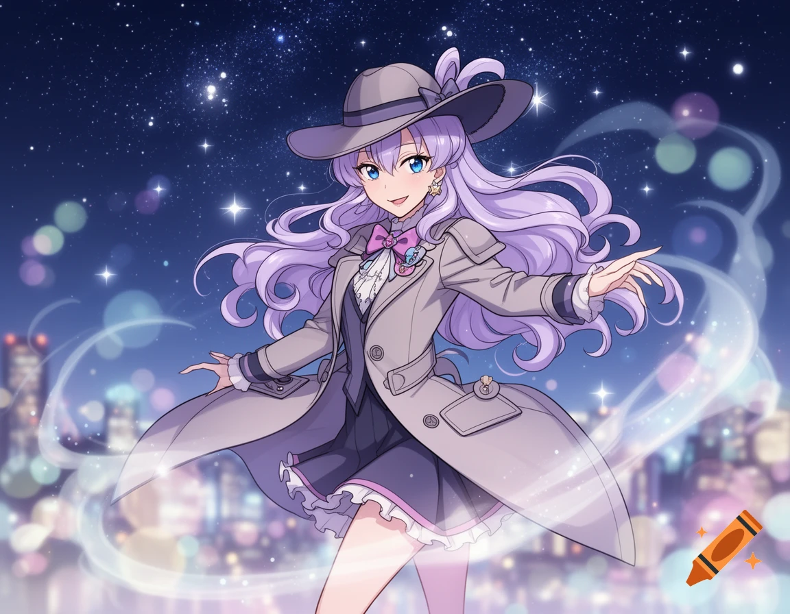 Anime girl in a grey trench coat and hat with long purple hair, smiling against a starry night sky with city lights.