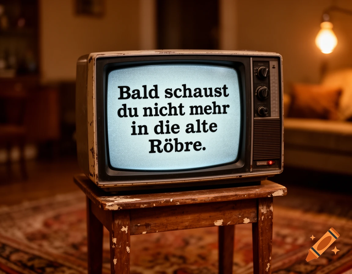 An old, dusty CRT television sits on a wooden stool, displaying the German text 'Bald schaust du nicht mehr in die alte Röhre.' on its screen in a dimly lit room.