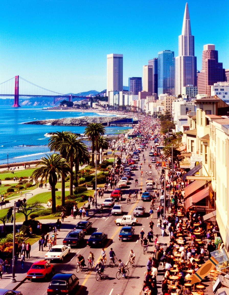 A vibrant San Francisco street scene with the Golden Gate Bridge, skyscrapers, crowded sidewalks, and busy traffic.