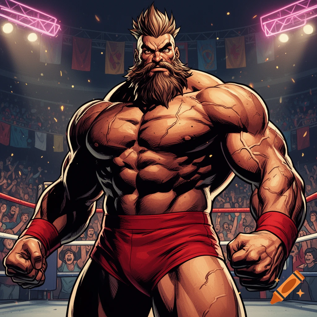 A muscular, bearded wrestler with a mohawk in red briefs stands in a brightly lit ring, surrounded by a crowd, in a comic art style.
