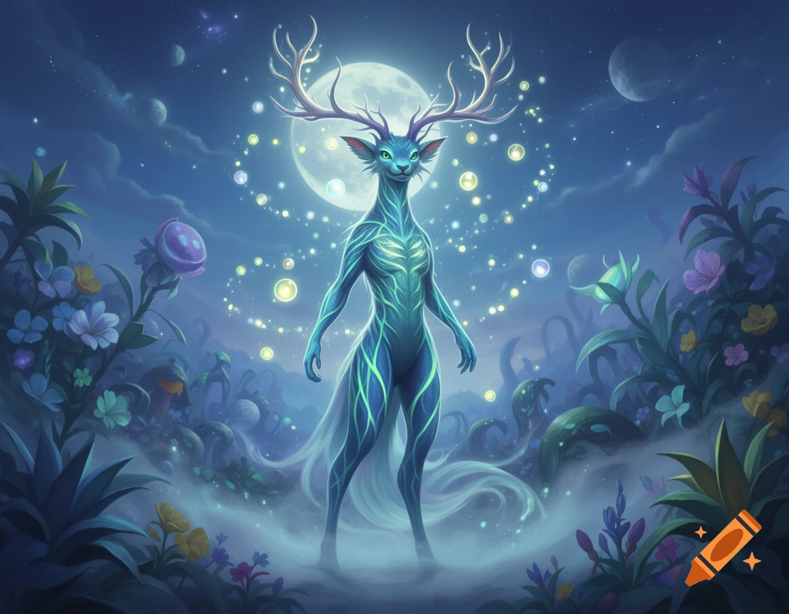 A glowing, feline-like deer creature with antlers stands in a mystical, blue forest under a full moon, surrounded by magical plants and floating lights.