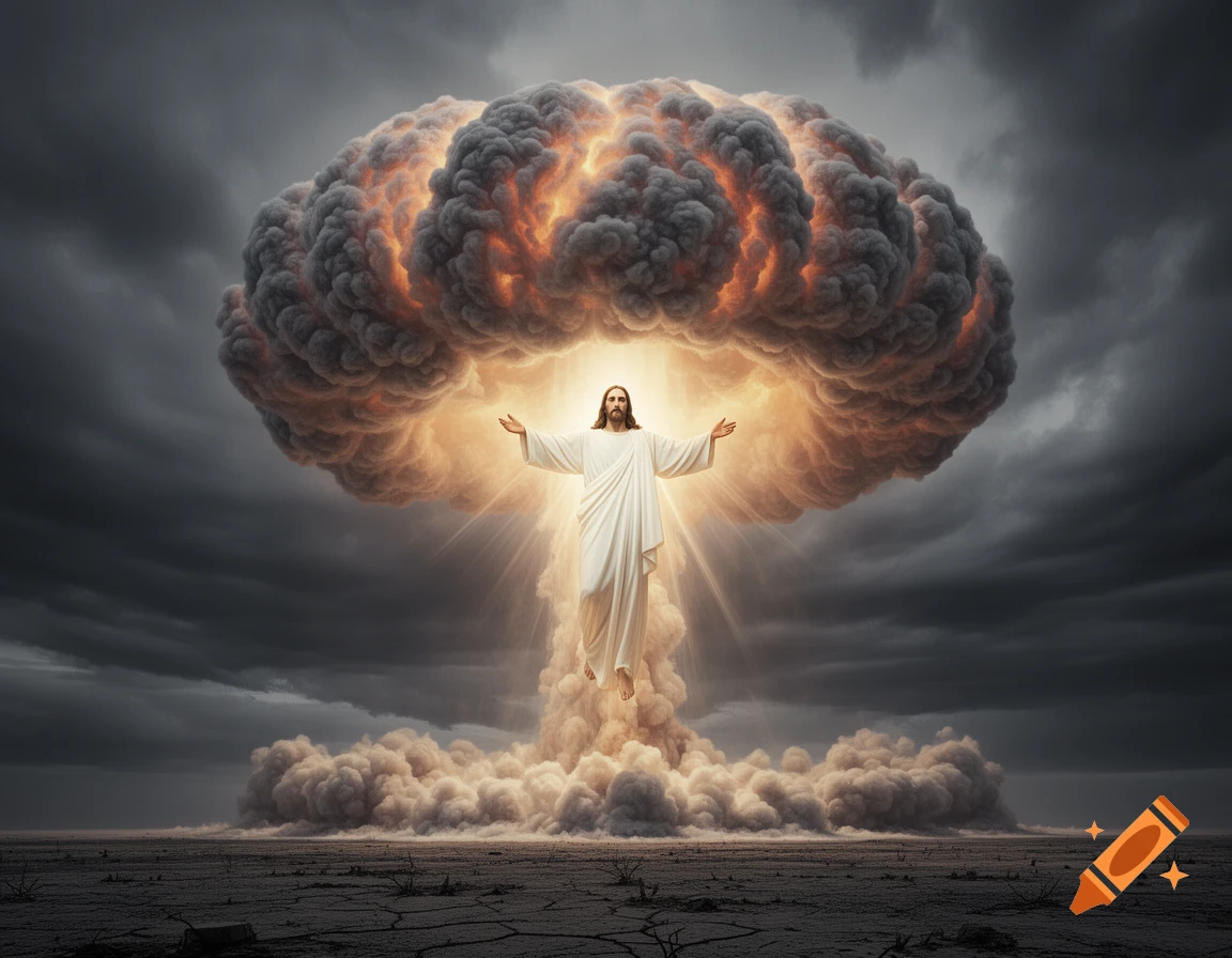 Jesus Christ floats before a fiery mushroom cloud over a desolate landscape, with dramatic stormy skies.