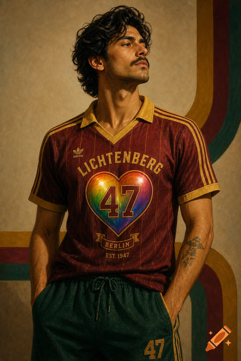 A man in a retro red and gold striped soccer jersey with 'LICHTENBERG 47' and a rainbow heart logo, and green shorts.
