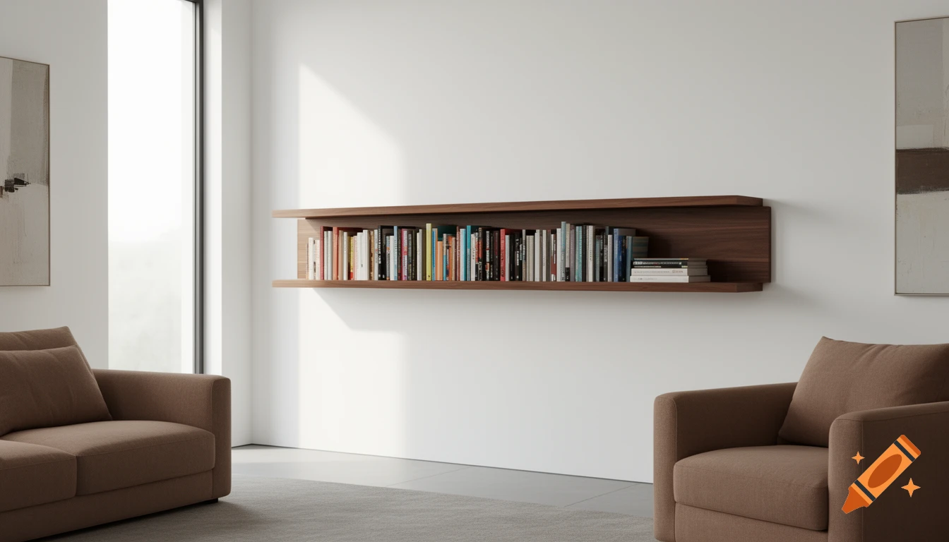 A modern living room with a long horizontal wooden bookshelf on a white wall, two brown couches, and a tall window.
