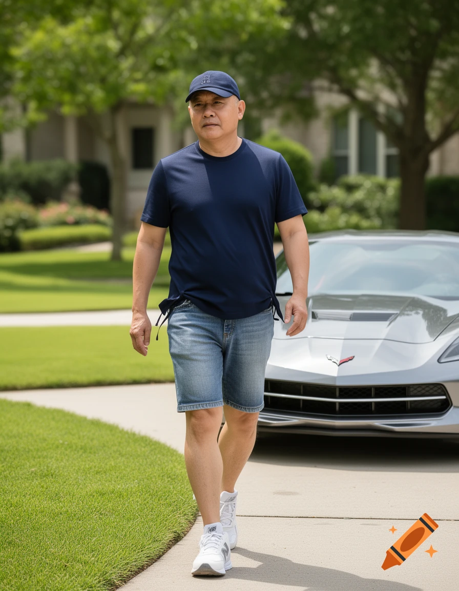 A Vietnamese man in a navy t-shirt, denim shorts, and cap walks on a sidewalk with a silver Corvette in the background.
