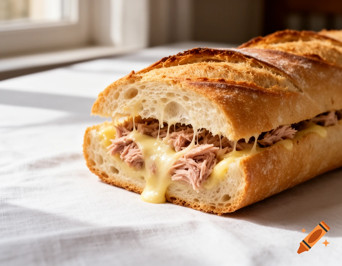 Close-up of a delicious baguette sandwich filled with shredded tuna and gooey melted cheese, resting on a white tablecloth.