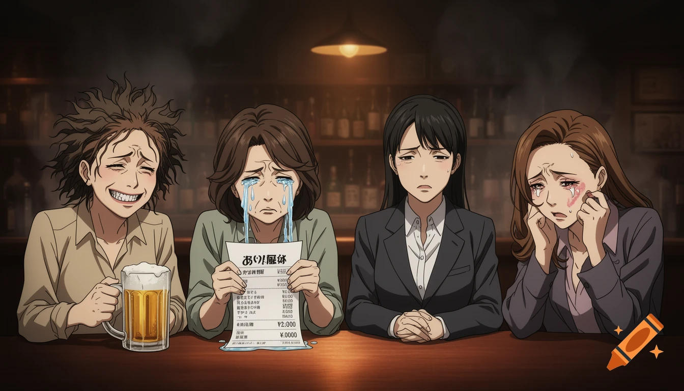 Four Japanese women in anime style sit at a bar. One grins with beer, one cries over a bill, one is stone-faced, and one has messy makeup.