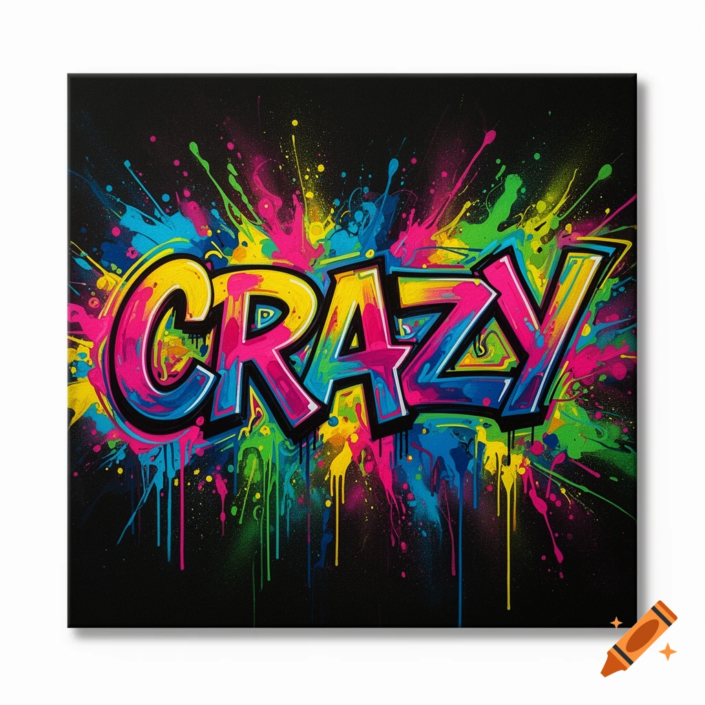 The word 'CRAZY' in vibrant, colorful graffiti style with paint splatters on a black background.