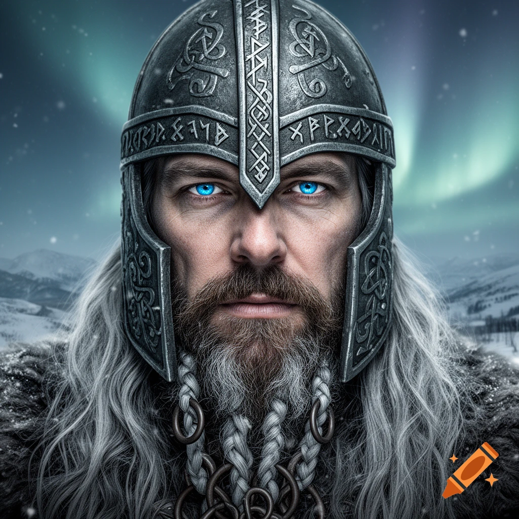 Close-up of a stoic man with bright blue eyes, long gray hair and braided beard, wearing an ornate Norse-style helmet under an aurora sky.