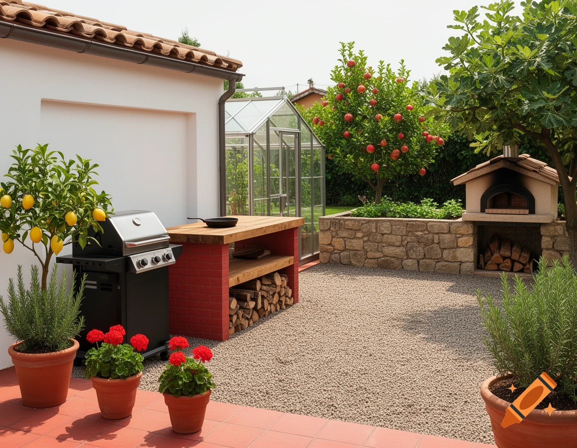 Sunny backyard with an outdoor kitchen featuring a black BBQ grill, wood-fired oven, wooden workbench, greenhouse, and fruit trees.