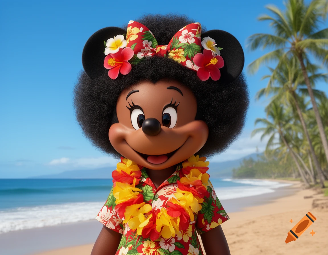 Minnie Mouse with an afro, wearing a floral shirt and lei, smiling on a sunny tropical beach.