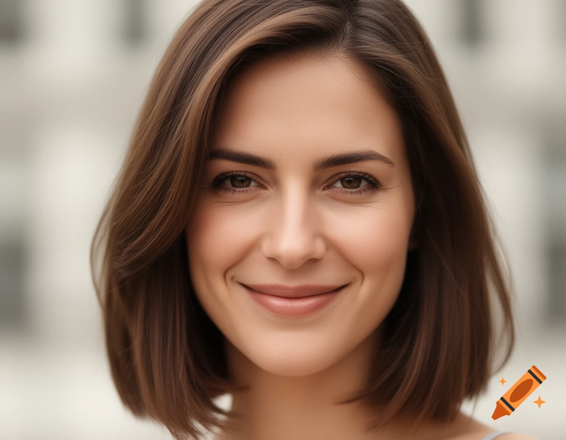 A close-up, photorealistic portrait of a smiling woman with short brown hair.