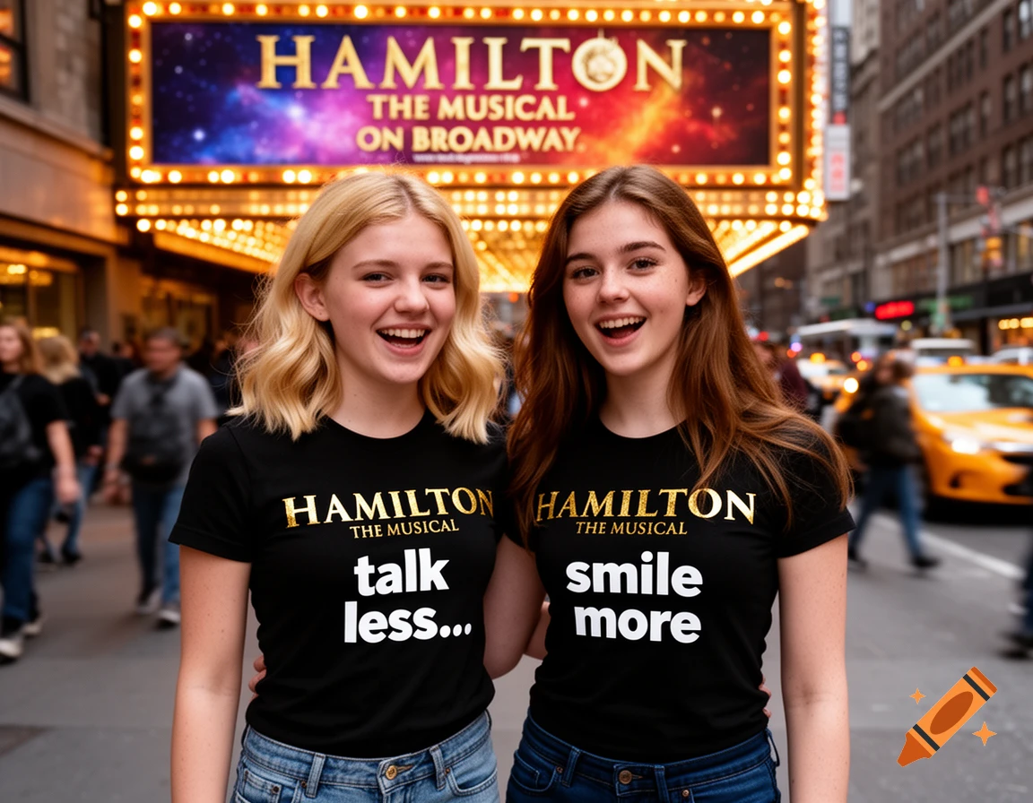 Two smiling teenage girls in matching 'Hamilton' t-shirts, one reading 'talk less...' and the other 'smile more', stand before a 'Hamilton The Musical' Broadway sign.