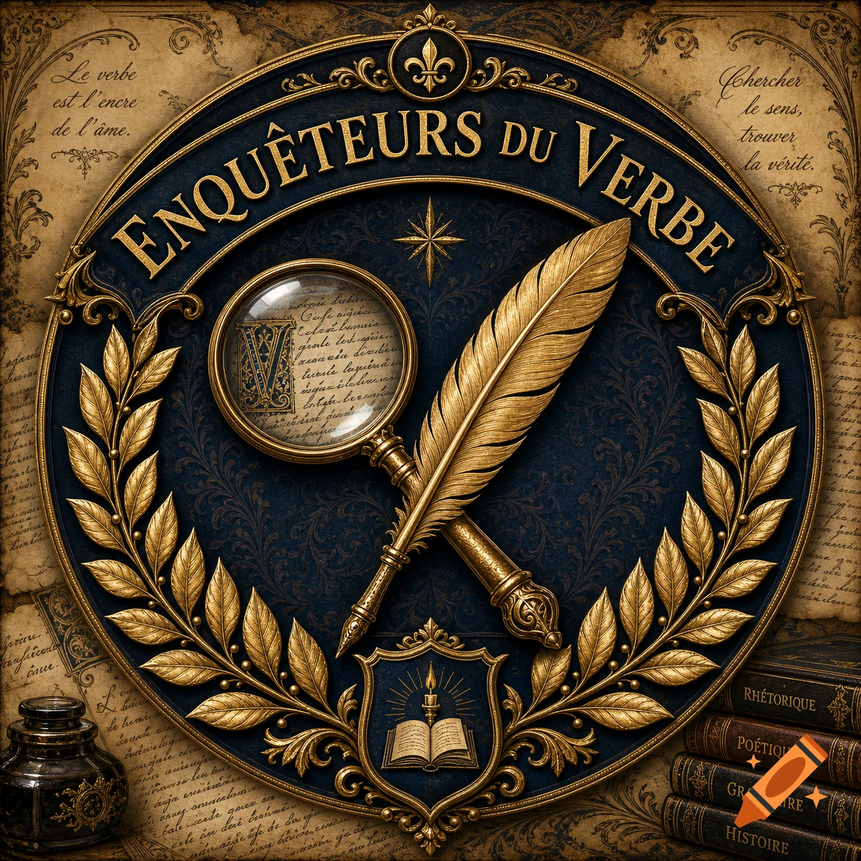 An ornate gold and dark blue vintage emblem for "Enquêteurs du Verbe" with a quill, magnifying glass, laurel wreath, and books.