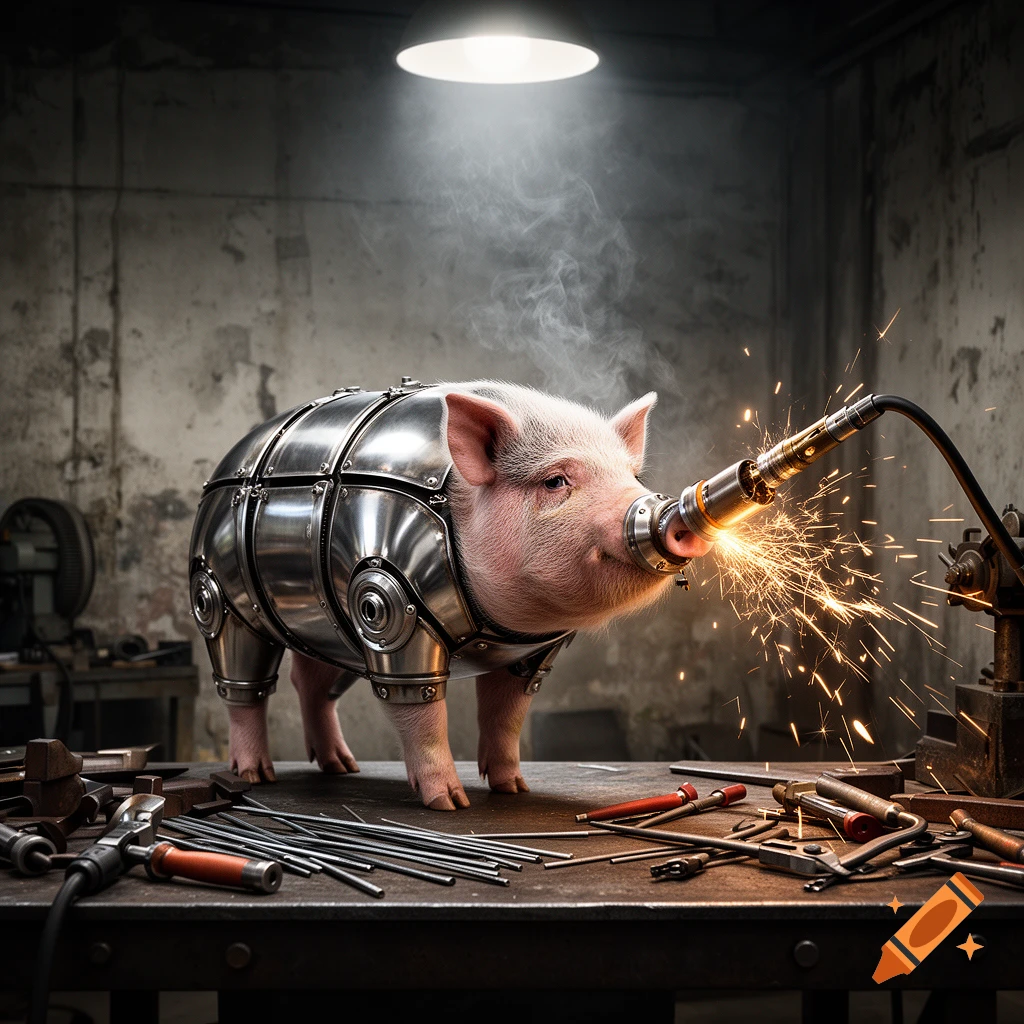 Photorealistic pig in metal armor welds with sparks from its snout in a dim industrial workshop.