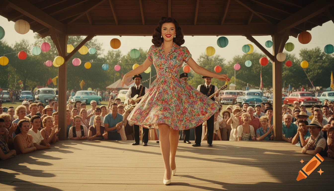A smiling brunette woman in a colorful floral swing dress dances on a wooden pavilion at a sunny 1950s summer festival with a cheering crowd, classic cars, and lanterns.