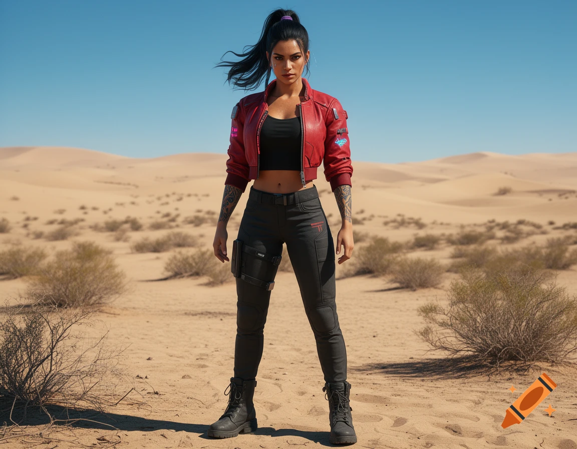 A woman with dark hair in a ponytail, wearing a red jacket, black crop top, and black pants, stands in a vast desert under a clear blue sky.