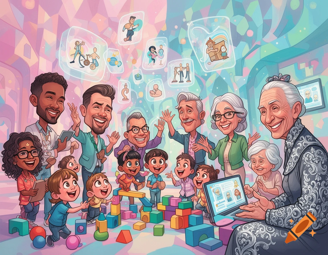 Colorful cartoon illustration of diverse people of all ages, from children playing with blocks to elderly adults, gathered around a laptop in a vibrant, abstract room.