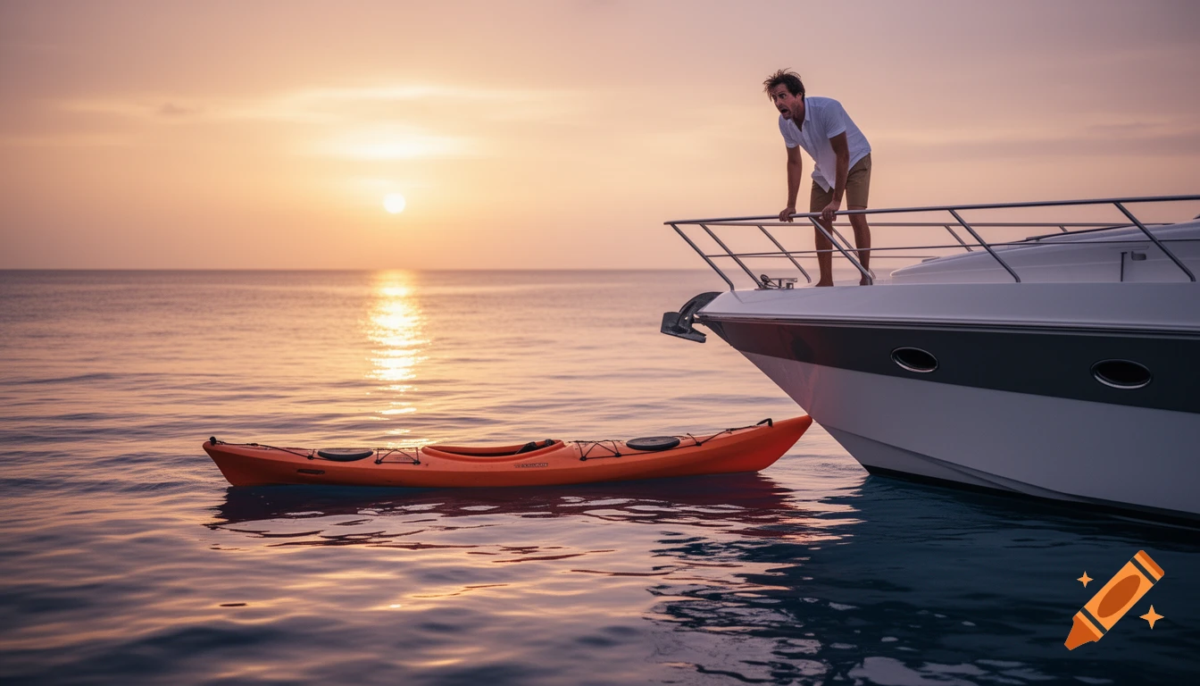 A man on a yacht looks in surprise at an orange kayak floating in calm water during a golden sunset.