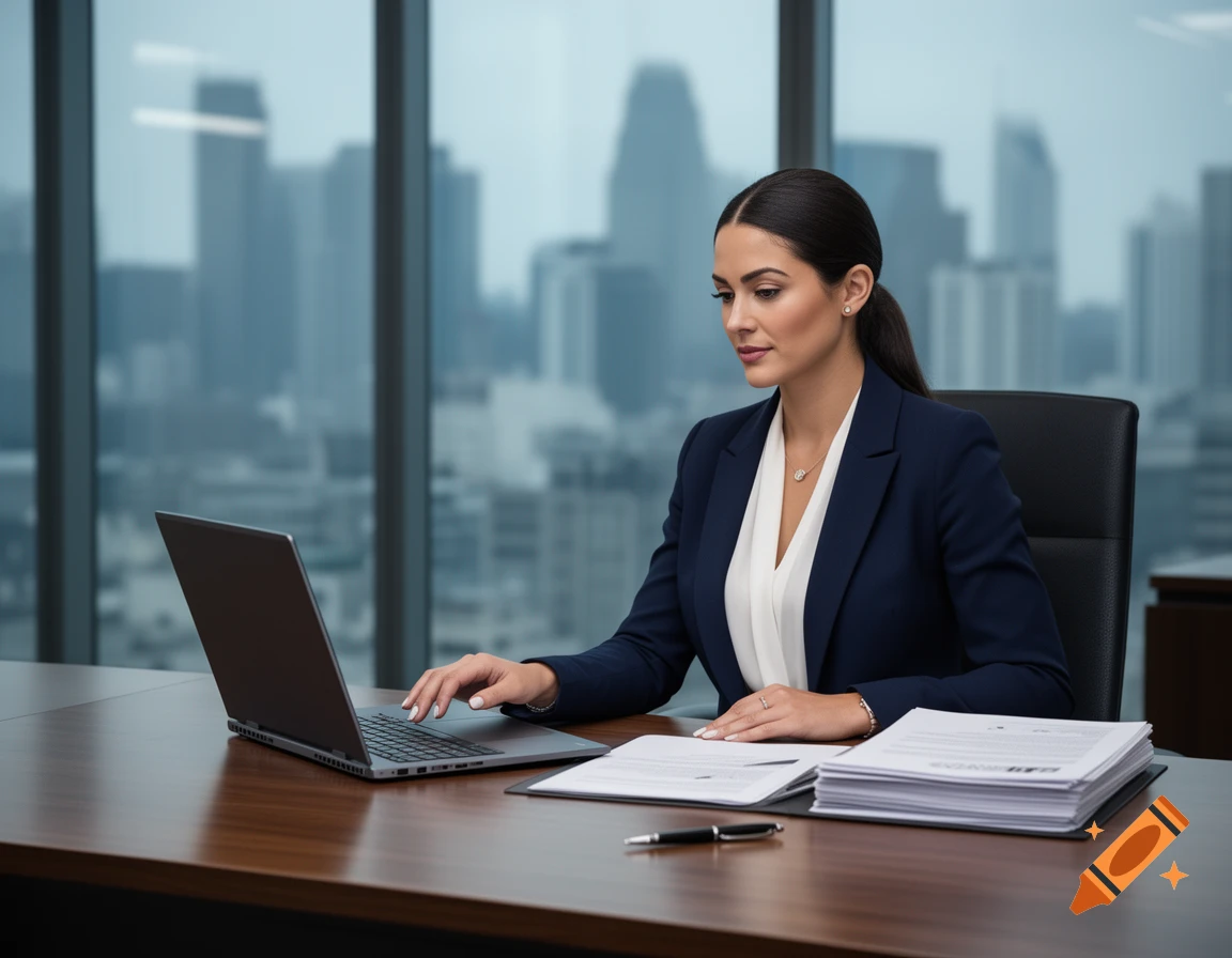 A woman in a navy suit works on a laptop at a desk with documents, with a blurred cityscape visible through a large window.