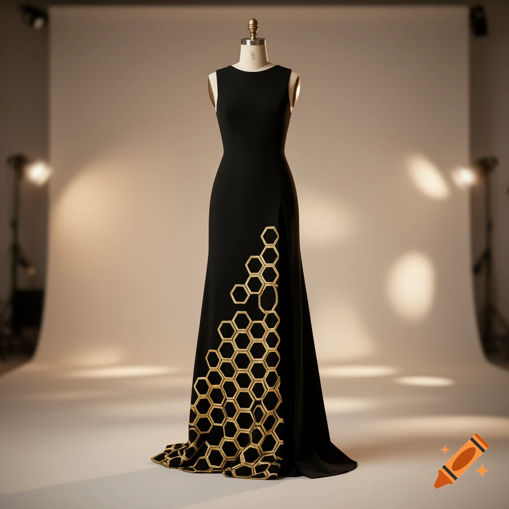 Black slit dress with gold honeycomb pattern on a mannequin in a photorealistic studio setting.