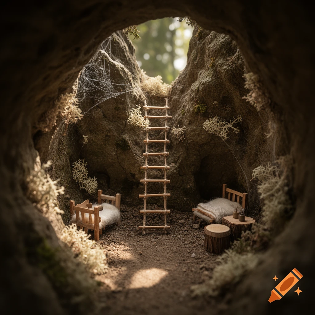 Miniature furnished burrow interior with tiny beds, a ladder, and sunlight filtering in.
