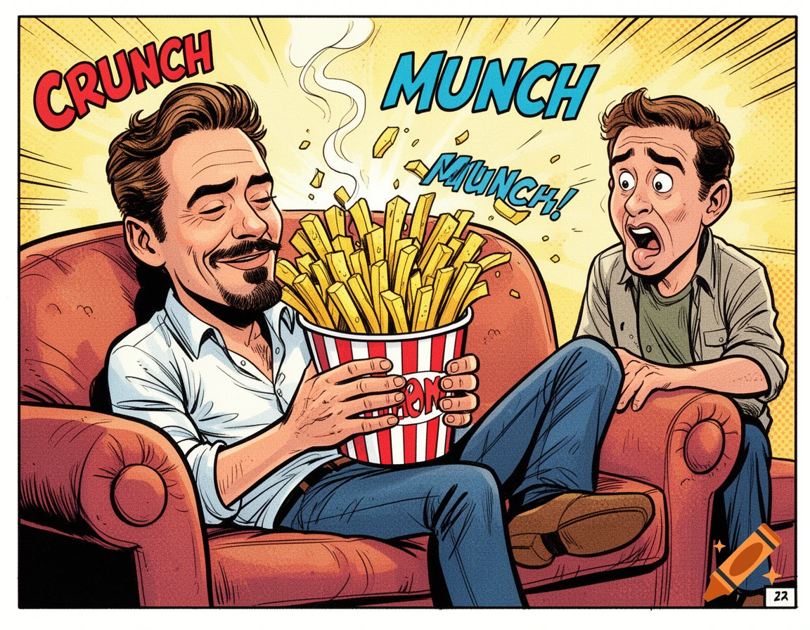 Comic strip showing a smiling Robert Downey Jr. eating a giant bucket of french fries on a sofa, with an alarmed Jerry Seinfeld looking on. Sound effects "CRUNCH" and "MUNCH" are visible.