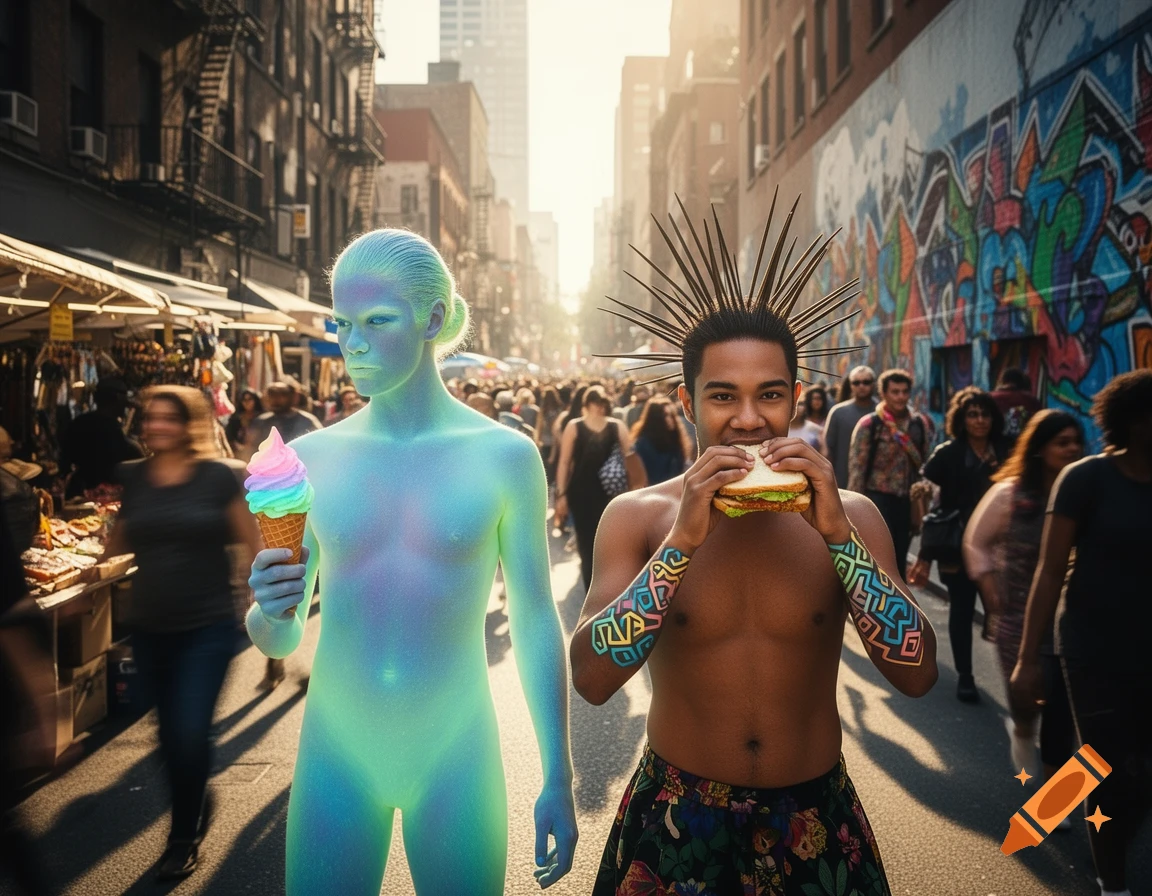 An alien-like person with glowing skin holds an ice cream next to a person with spiky hair eating a sandwich on a busy city street.